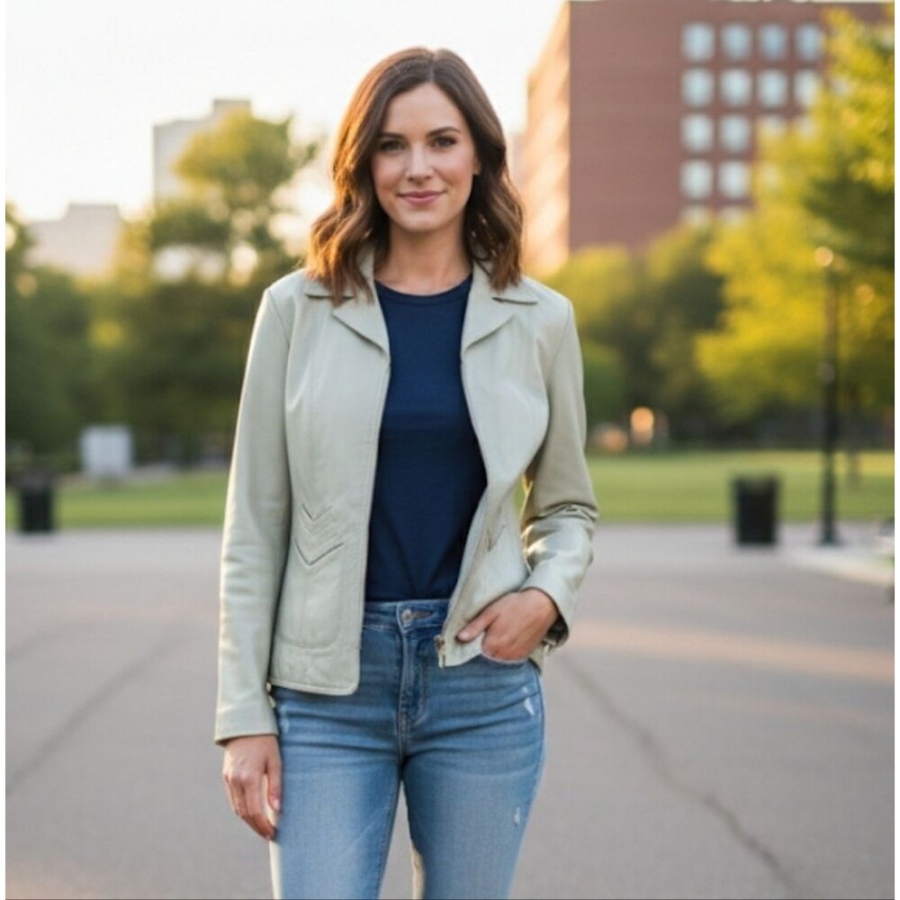 Nine West Y2K Sage Green Leather Jacket Zip Up Structured Blazer Style Size M